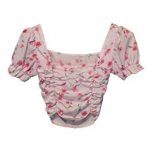Coquette Womens Top Small Pink Floral Puff Sleeves Ruched Cottagecore Feminine